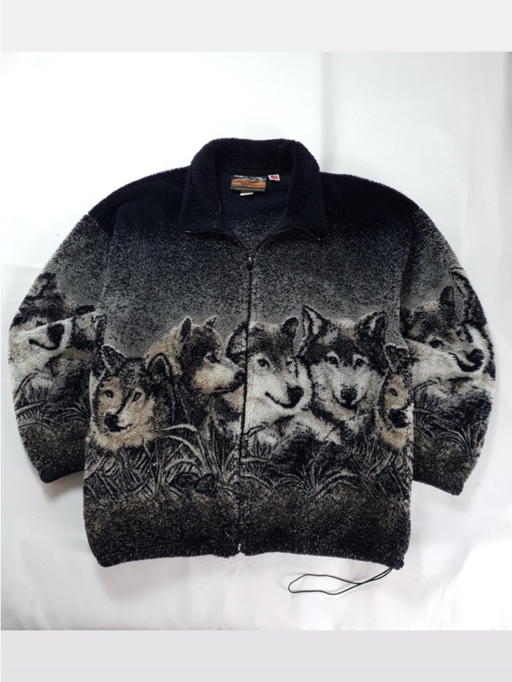 Vintage Cobblestone Canyon Made In USA Wolf Full Zip Fleece Pullover Jacket AOP